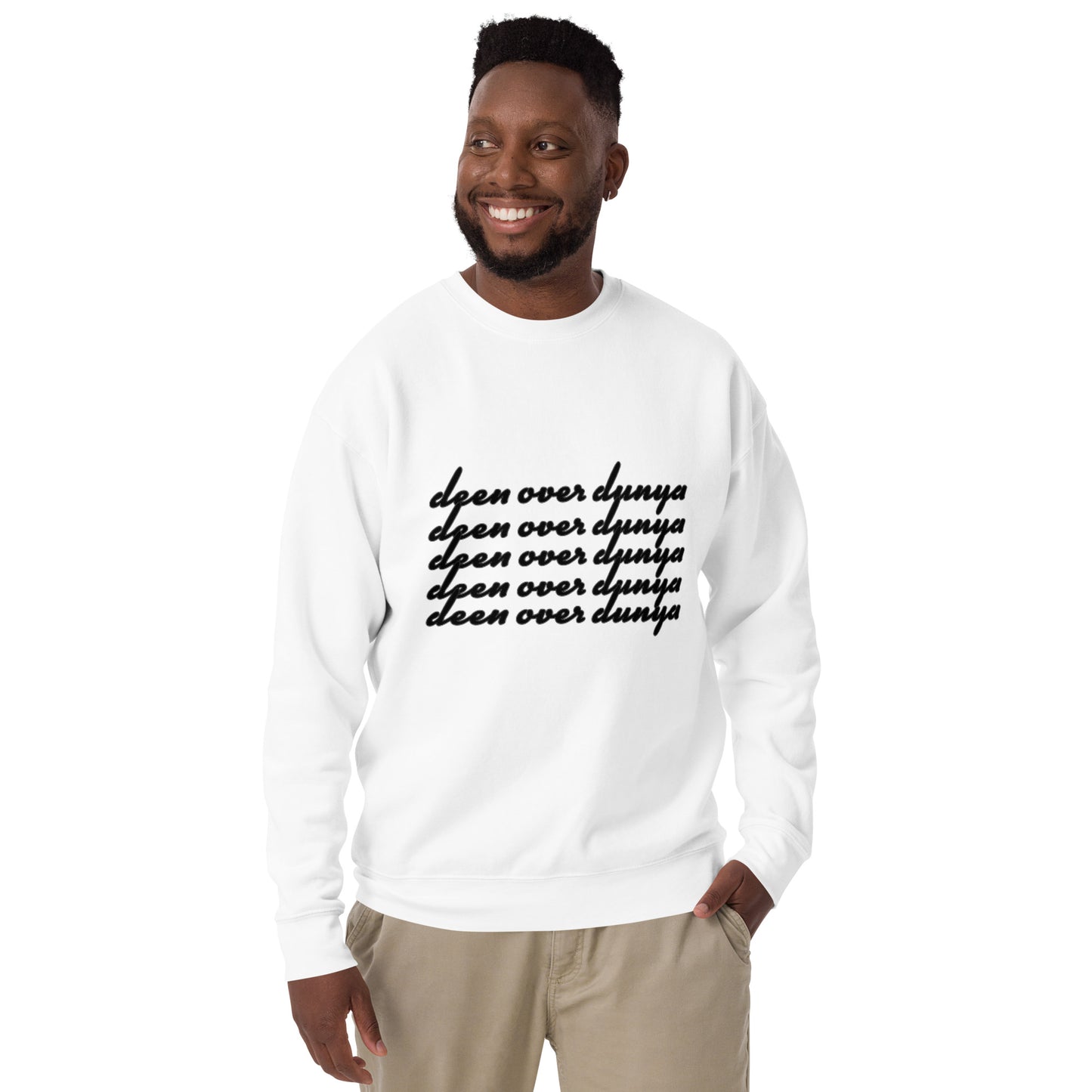 'Deen Over Dunya' Premium Sweatshirt (White/Black)